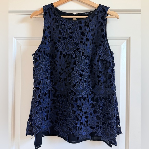 White House Black Market Navy snd Black Lace Overlay Blouse